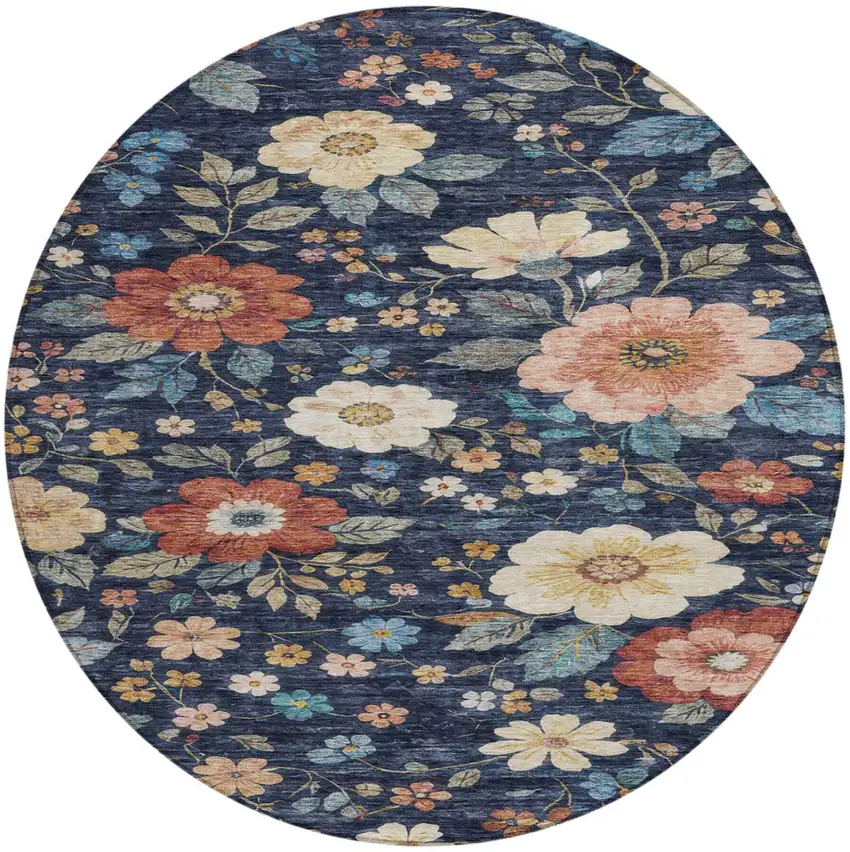 8' Navy Blue And Blue Round Floral Washable Indoor Outdoor Area Rug Photo 2