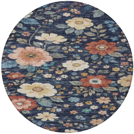 8' Navy Blue And Blue Round Floral Washable Indoor Outdoor Area Rug Photo 3