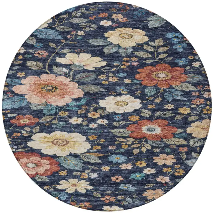 8' Navy Blue And Blue Round Floral Washable Indoor Outdoor Area Rug Photo 3