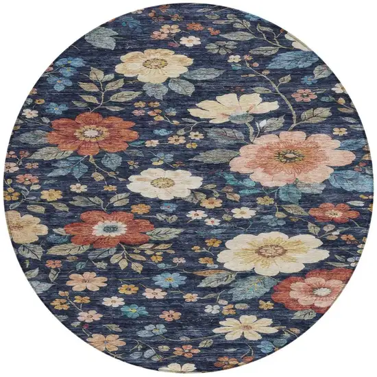 8' Navy Blue And Blue Round Floral Washable Indoor Outdoor Area Rug Photo 9