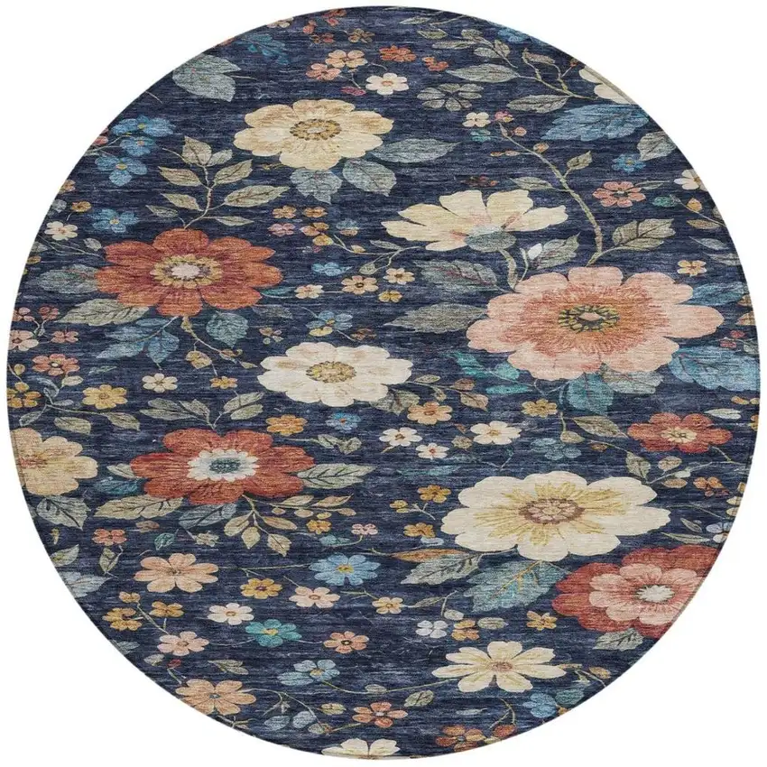 8' Navy Blue And Blue Round Floral Washable Indoor Outdoor Area Rug Photo 9
