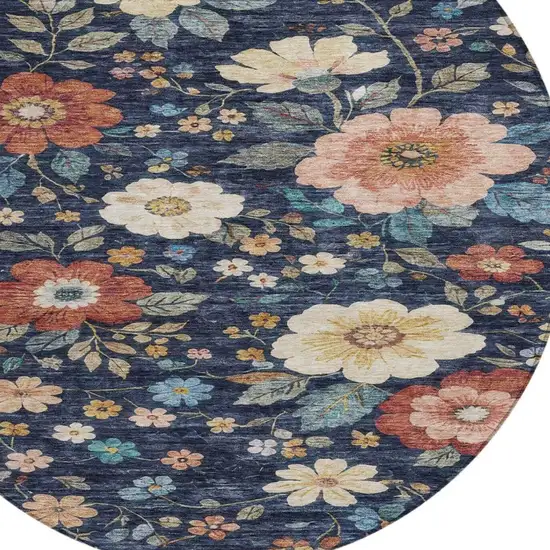 8' Navy Blue And Blue Round Floral Washable Indoor Outdoor Area Rug Photo 4