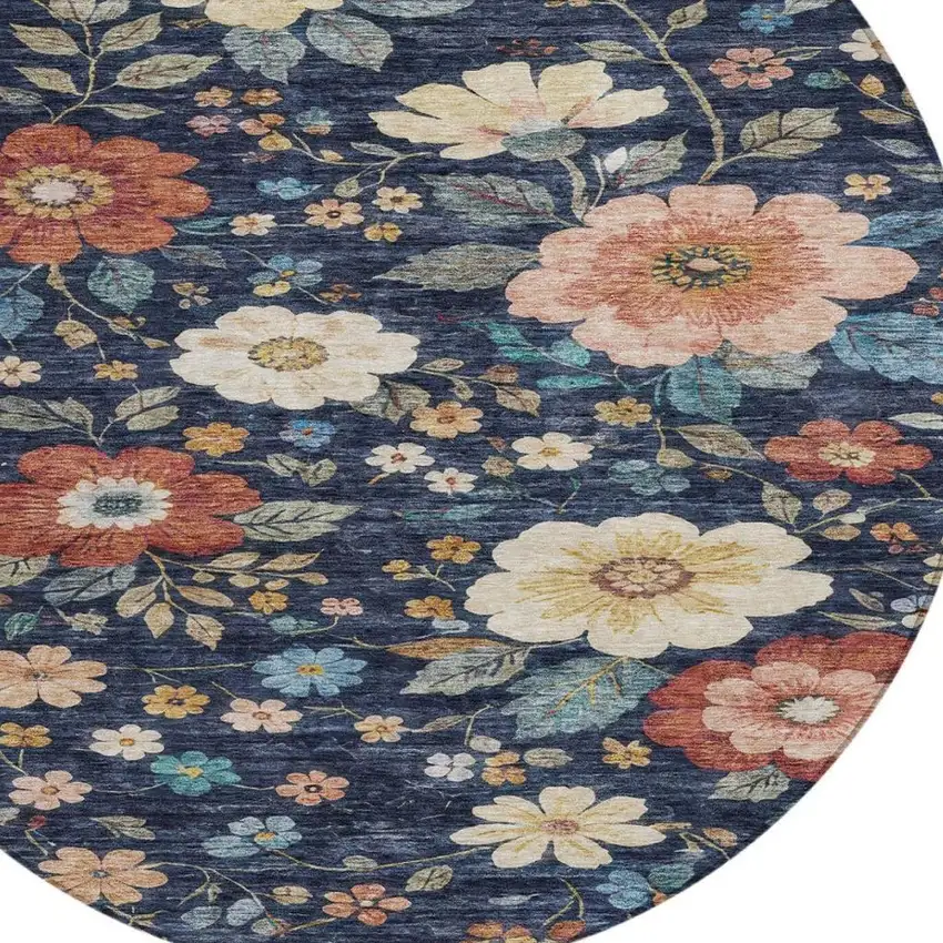 8' Navy Blue And Blue Round Floral Washable Indoor Outdoor Area Rug Photo 4