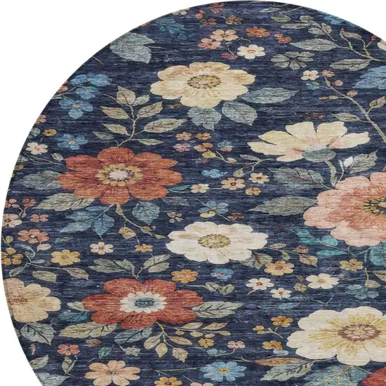 8' Navy Blue And Blue Round Floral Washable Indoor Outdoor Area Rug Photo 7