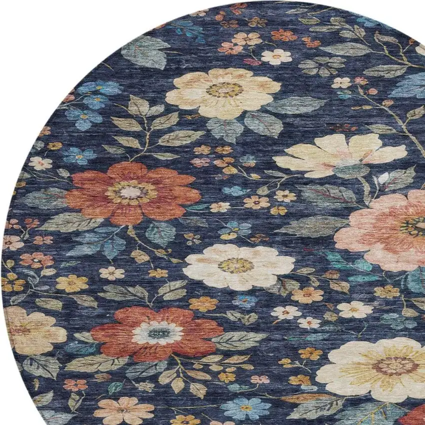 8' Navy Blue And Blue Round Floral Washable Indoor Outdoor Area Rug Photo 7