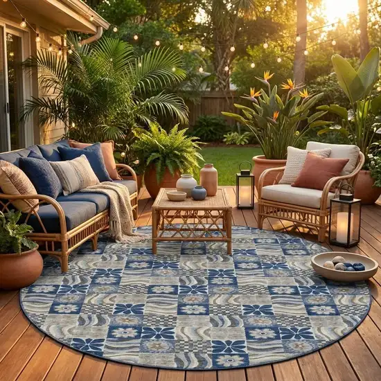 8' Navy Blue And Blue Round Floral Washable Indoor Outdoor Area Rug Photo 1