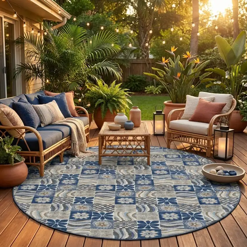 8' Navy Blue And Blue Round Floral Washable Indoor Outdoor Area Rug Photo 1