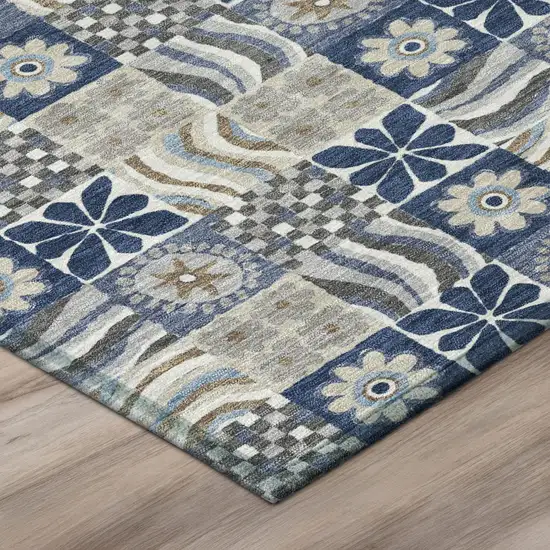 8' Navy Blue And Blue Round Floral Washable Indoor Outdoor Area Rug Photo 4