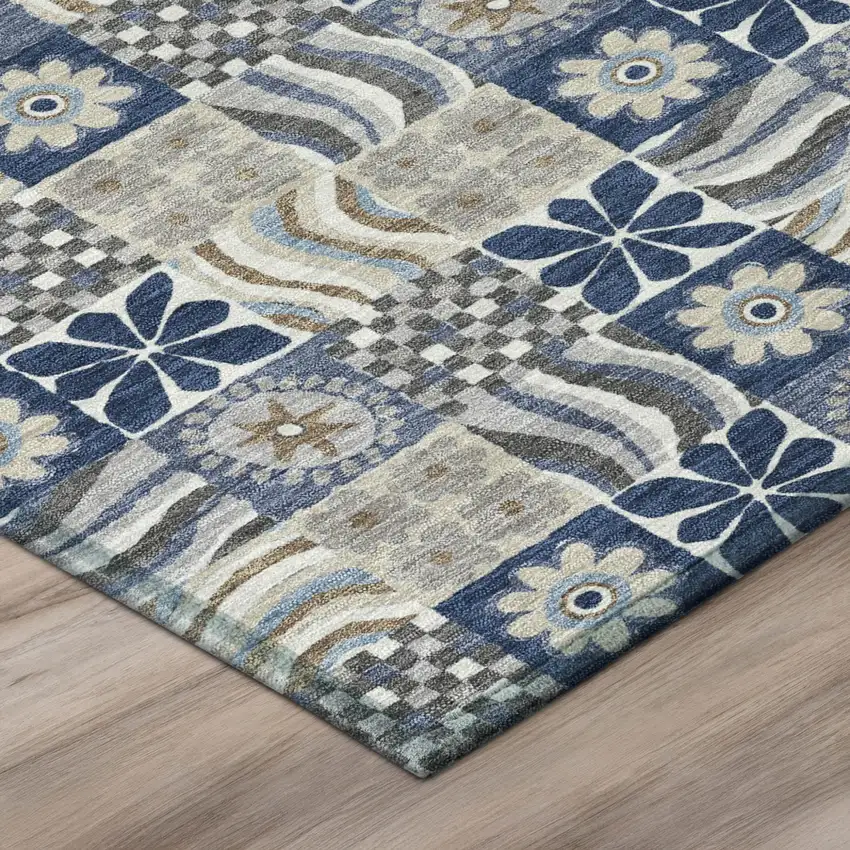 8' Navy Blue And Blue Round Floral Washable Indoor Outdoor Area Rug Photo 4