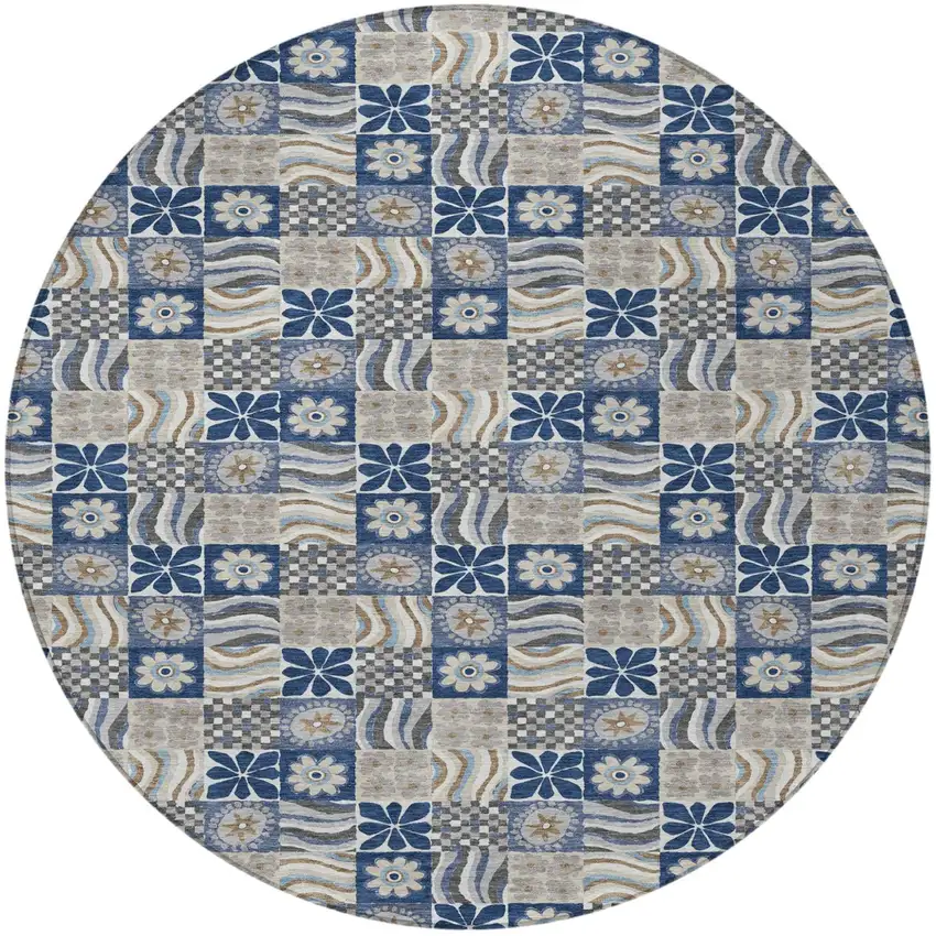 8' Navy Blue And Blue Round Floral Washable Indoor Outdoor Area Rug Photo 3