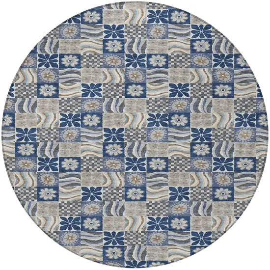 8' Navy Blue And Blue Round Floral Washable Indoor Outdoor Area Rug Photo 3