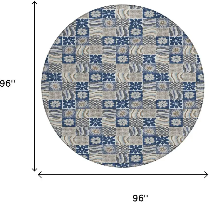 8' Navy Blue And Blue Round Floral Washable Indoor Outdoor Area Rug Photo 6