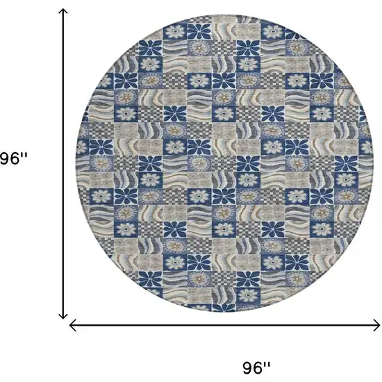 8' Navy Blue And Blue Round Floral Washable Indoor Outdoor Area Rug Photo 6