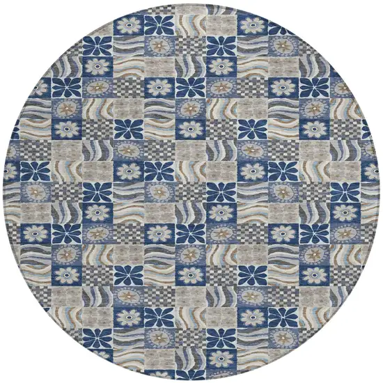 8' Navy Blue And Blue Round Floral Washable Indoor Outdoor Area Rug Photo 2