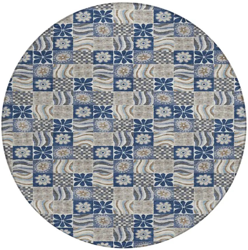 8' Navy Blue And Blue Round Floral Washable Indoor Outdoor Area Rug Photo 2