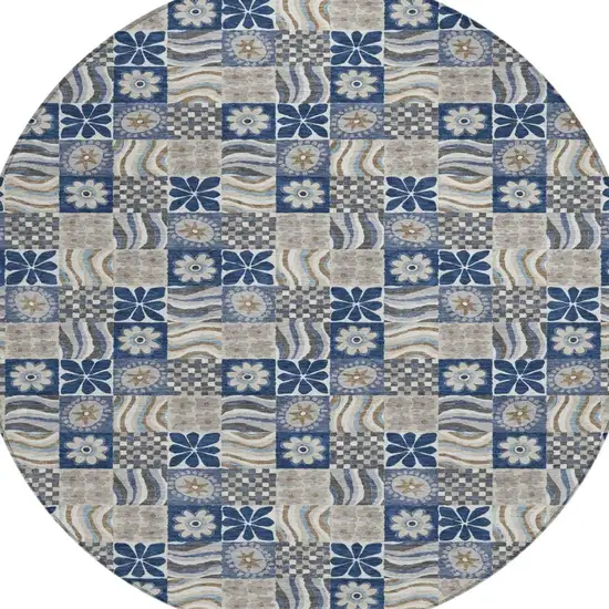 8' Navy Blue And Blue Round Floral Washable Indoor Outdoor Area Rug Photo 1