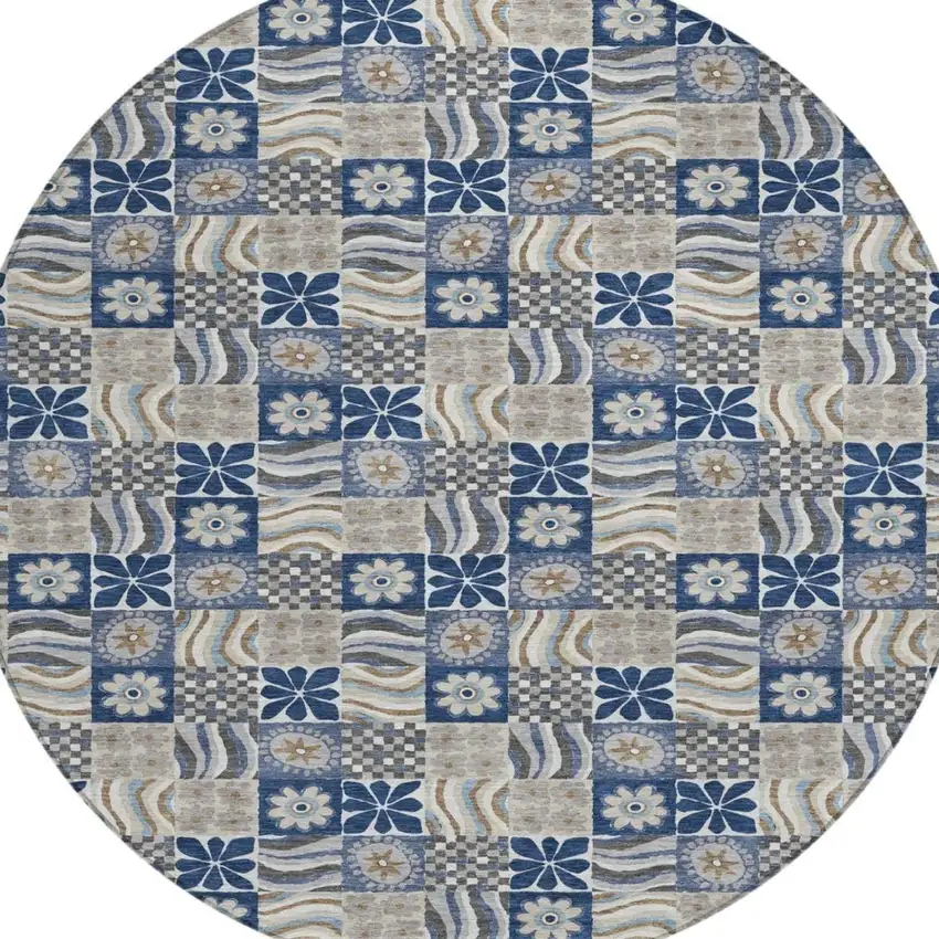 8' Navy Blue And Blue Round Floral Washable Indoor Outdoor Area Rug Photo 1