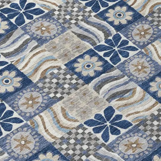 8' Navy Blue And Blue Round Floral Washable Indoor Outdoor Area Rug Photo 5