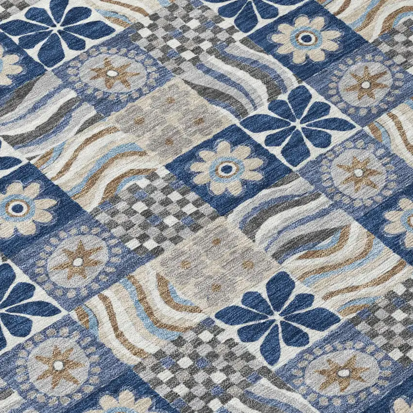 8' Navy Blue And Blue Round Floral Washable Indoor Outdoor Area Rug Photo 5