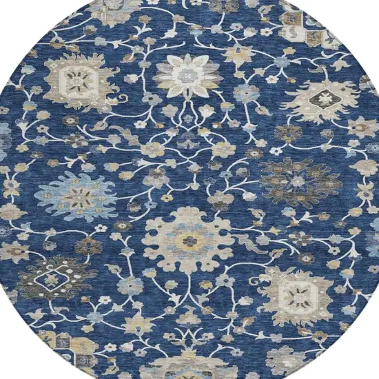 8' Navy Blue And Blue Round Floral Washable Indoor Outdoor Area Rug Photo 1