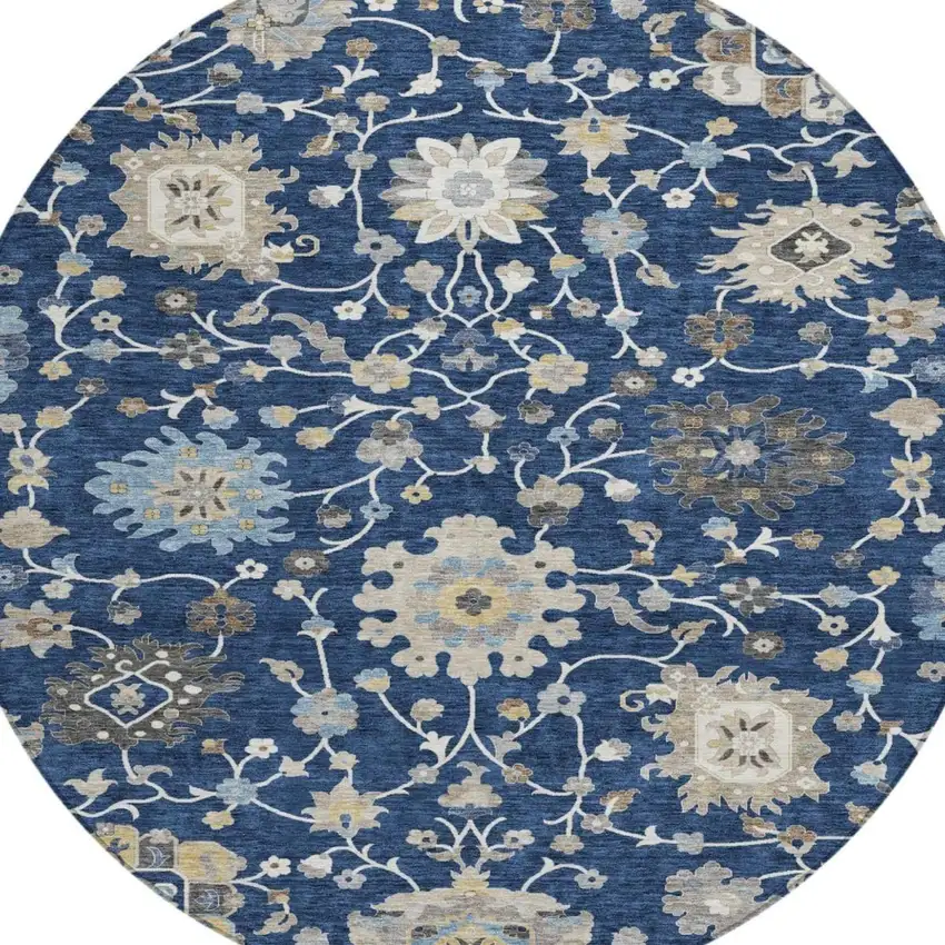 8' Navy Blue And Blue Round Floral Washable Indoor Outdoor Area Rug Photo 1