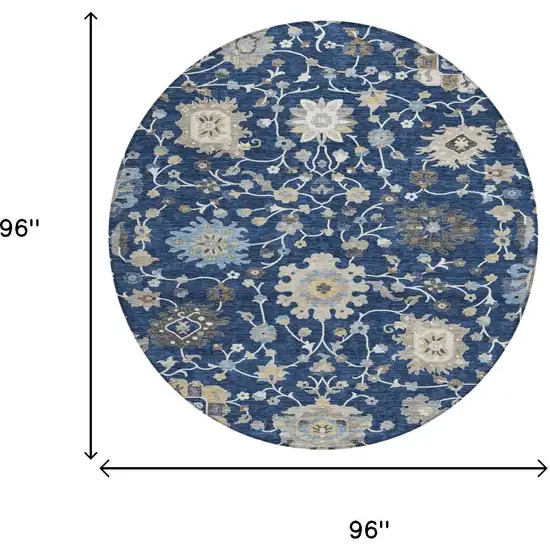 8' Navy Blue And Blue Round Floral Washable Indoor Outdoor Area Rug Photo 6