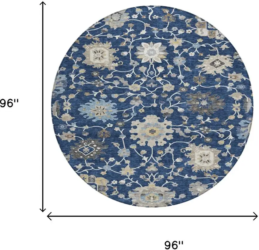 8' Navy Blue And Blue Round Floral Washable Indoor Outdoor Area Rug Photo 6