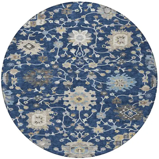 8' Navy Blue And Blue Round Floral Washable Indoor Outdoor Area Rug Photo 3