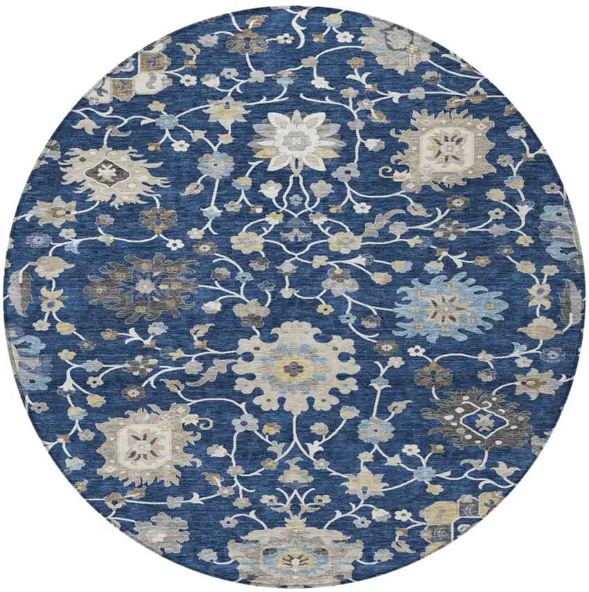 8' Navy Blue And Blue Round Floral Washable Indoor Outdoor Area Rug Photo 3