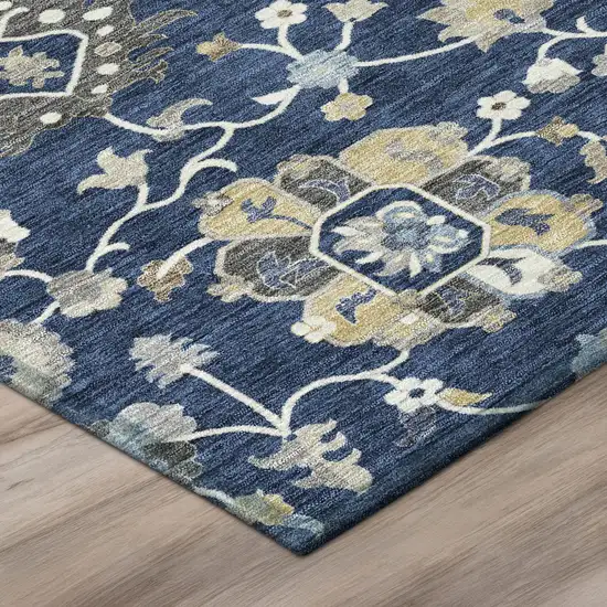 8' Navy Blue And Blue Round Floral Washable Indoor Outdoor Area Rug Photo 4