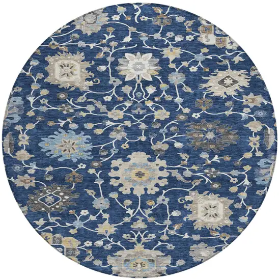 8' Navy Blue And Blue Round Floral Washable Indoor Outdoor Area Rug Photo 2