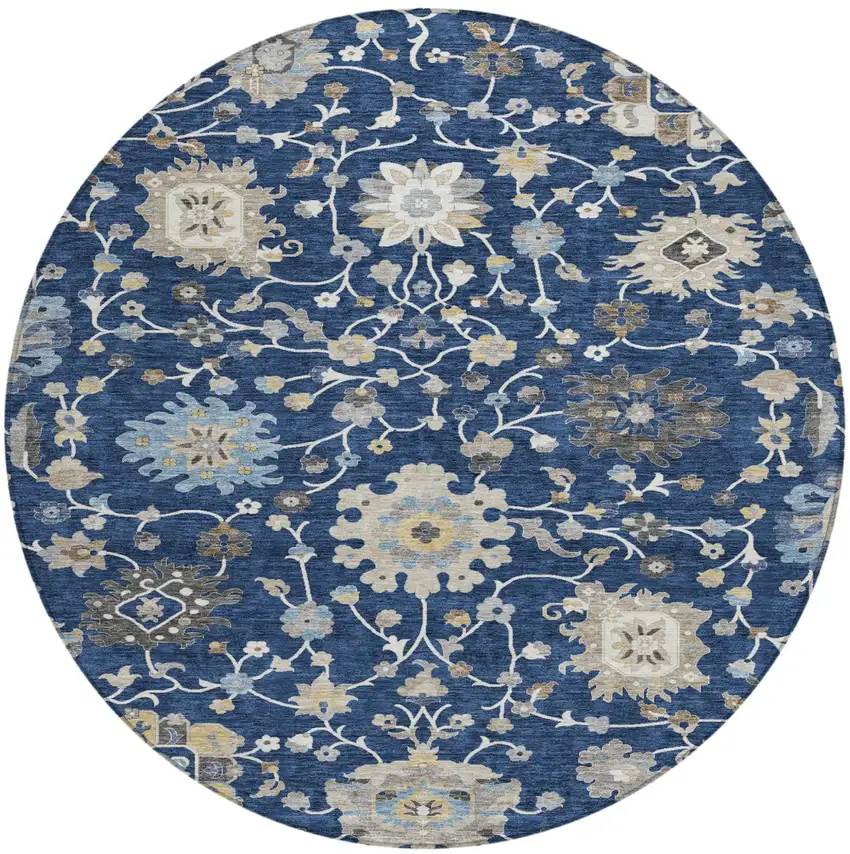 8' Navy Blue And Blue Round Floral Washable Indoor Outdoor Area Rug Photo 2
