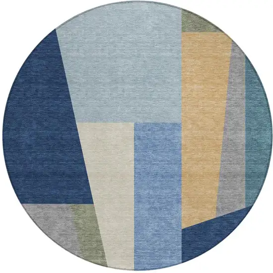 8' Navy Blue And Blue Round Geometric Washable Indoor Outdoor Area Rug Photo 2