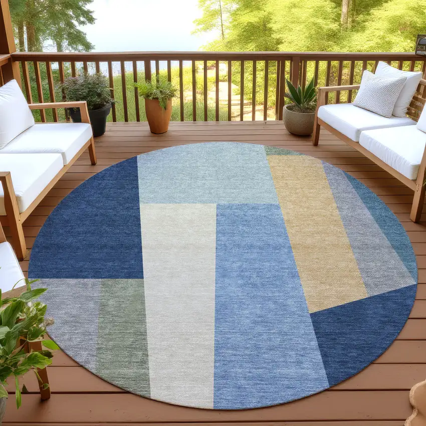 8' Navy Blue And Blue Round Geometric Washable Indoor Outdoor Area Rug Photo 3