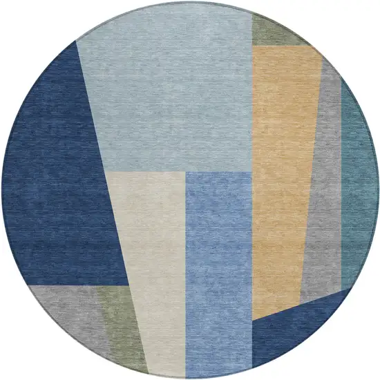 8' Navy Blue And Blue Round Geometric Washable Indoor Outdoor Area Rug Photo 1