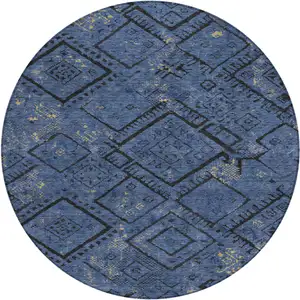 Photo of 8' Navy Blue And Blue Round Geometric Washable Indoor Outdoor Area Rug