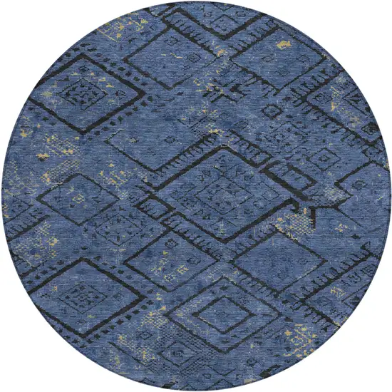 8' Navy Blue And Blue Round Geometric Washable Indoor Outdoor Area Rug Photo 1