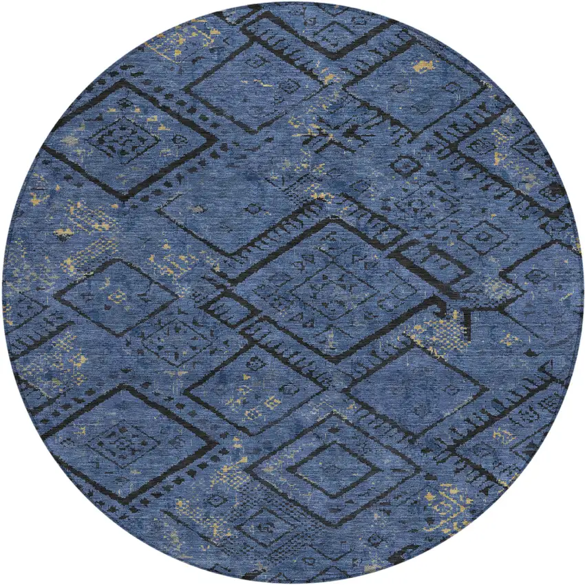 8' Navy Blue And Blue Round Geometric Washable Indoor Outdoor Area Rug Photo 1