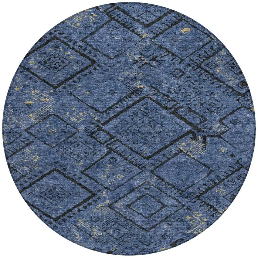 8' Navy Blue And Blue Round Geometric Washable Indoor Outdoor Area Rug Photo 3