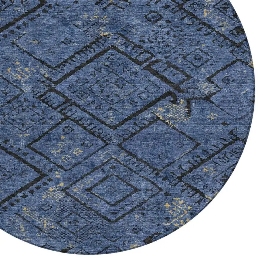 8' Navy Blue And Blue Round Geometric Washable Indoor Outdoor Area Rug Photo 2