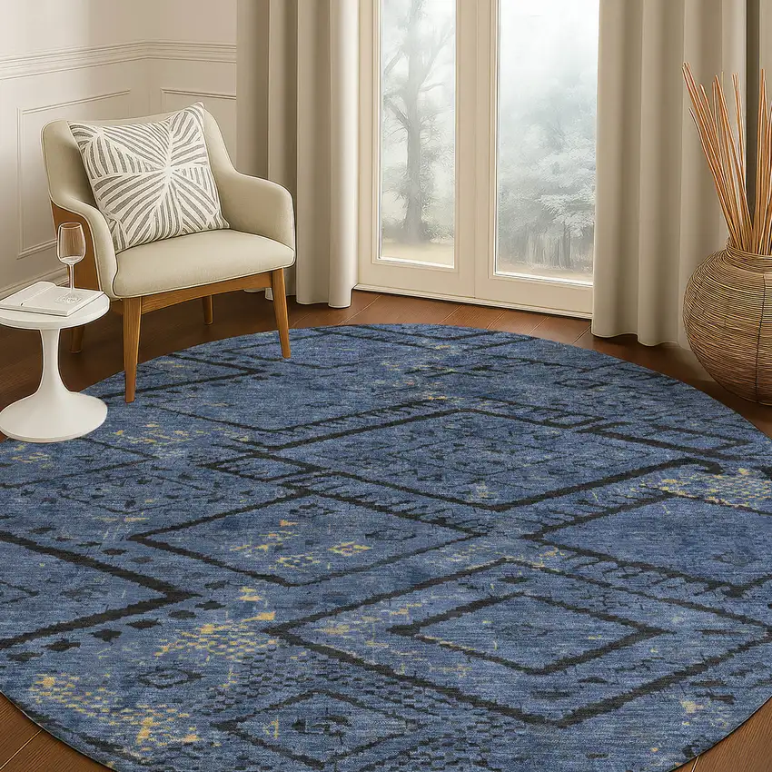 8' Navy Blue And Blue Round Geometric Washable Indoor Outdoor Area Rug Photo 5