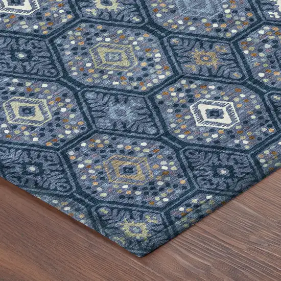8' Navy Blue And Blue Round Geometric Washable Indoor Outdoor Area Rug Photo 6