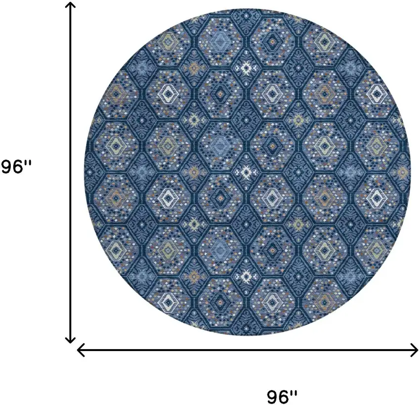 8' Navy Blue And Blue Round Geometric Washable Indoor Outdoor Area Rug Photo 8
