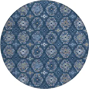 Photo of 8' Navy Blue And Blue Round Geometric Washable Indoor Outdoor Area Rug