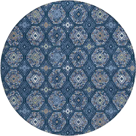 8' Navy Blue And Blue Round Geometric Washable Indoor Outdoor Area Rug Photo 1