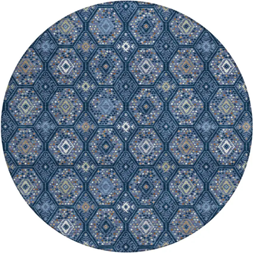 8' Navy Blue And Blue Round Geometric Washable Indoor Outdoor Area Rug Photo 1
