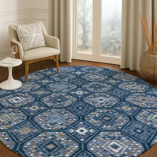 8' Navy Blue And Blue Round Geometric Washable Indoor Outdoor Area Rug Photo 5