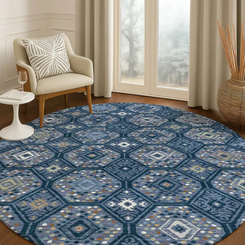 8' Navy Blue And Blue Round Geometric Washable Indoor Outdoor Area Rug Photo 5
