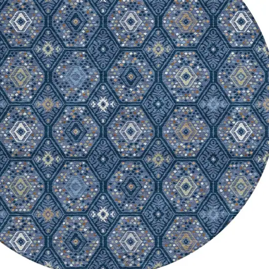 8' Navy Blue And Blue Round Geometric Washable Indoor Outdoor Area Rug Photo 2