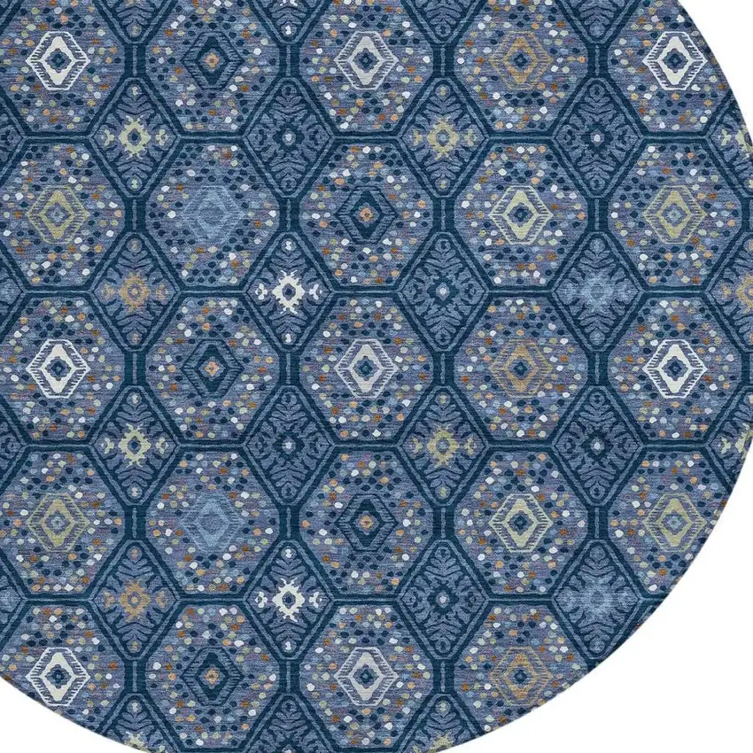 8' Navy Blue And Blue Round Geometric Washable Indoor Outdoor Area Rug Photo 2